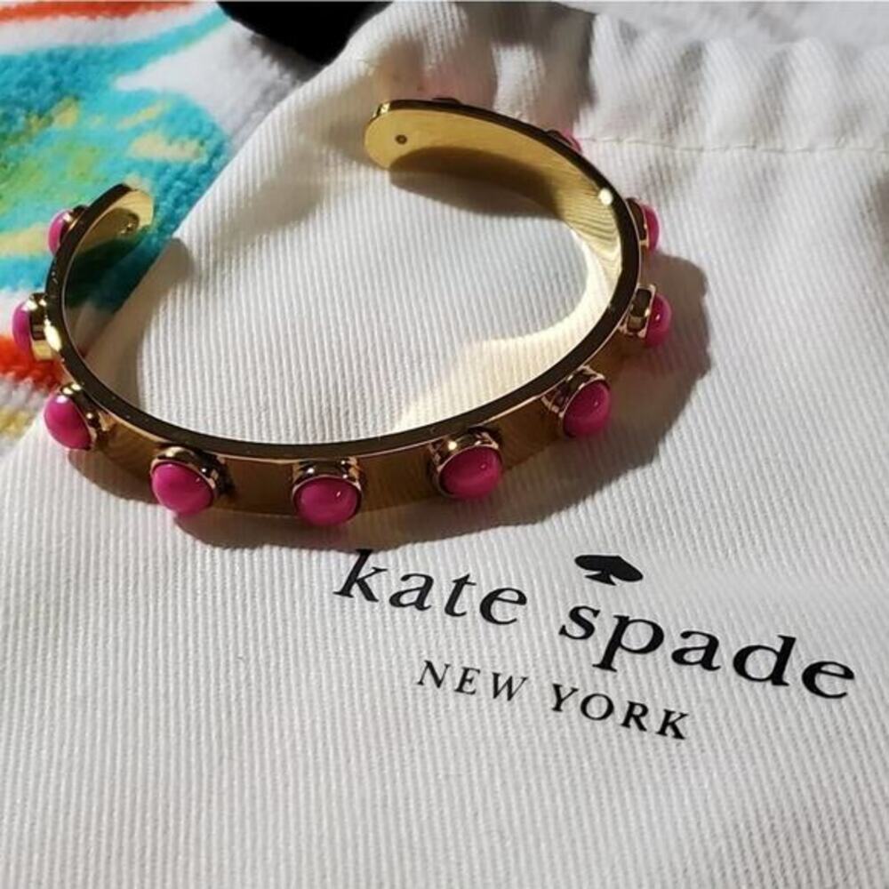 Kate Spade New York Gold Tone Pink Cabochon Studded Cuff Bracelet with Dust Bag